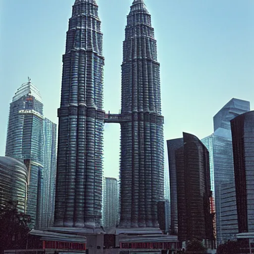 Image similar to the petronas towers shaped like elac debut floor standing speakers, ultra realistic, kodachrome 6 4, golden hour image