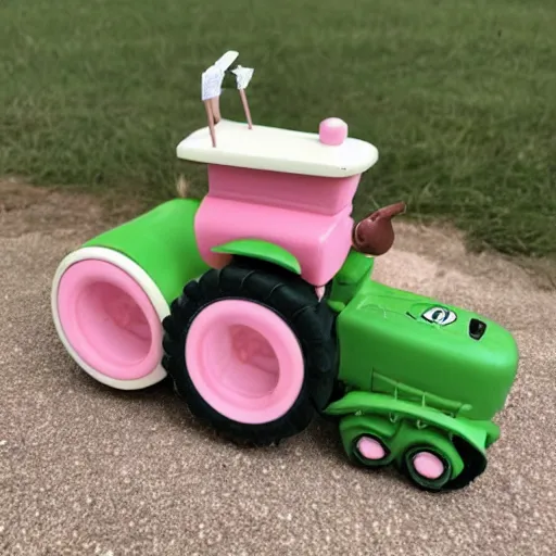 Prompt: a very soft persian pink plush john deere tractor with pluche