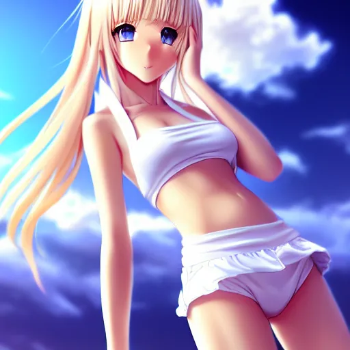 Prompt: tiny father a tall daughter picture : a very beautiful young blond macro anime girl with a tiny father, sky blue eyes, bikini, white miniskirt, highly detailed, cinematic wallpaper by stanley artgerm lau