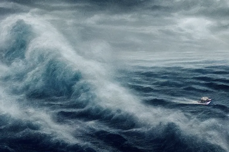 Image similar to container ship in a storm, in the style of vernon grant and chris van allsburg, raging stormy sea, trending on artstation, bright tilt - shift camcorder effect, photoshop, retrowave, hyperrealism, octane, sharp focus, masterpiece