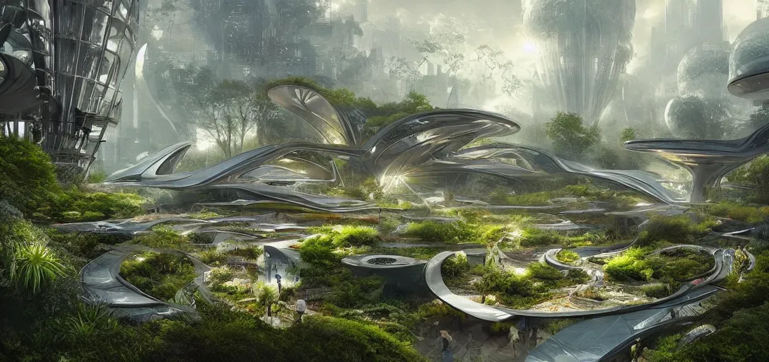 Prompt: a futuristic solarpunk garden, designed by jørn utzon, sci - fi, digital art by paul chadeisson