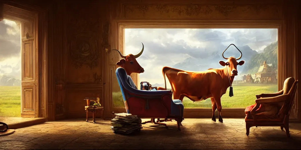 Image similar to a cow in a luxury chair reading the newspaper, vivid colors, beautiful interior, digital art, landscape, fantasy art, octane render, ureal engine, high detail, very realistic, by greg rutkowski. by james gurney