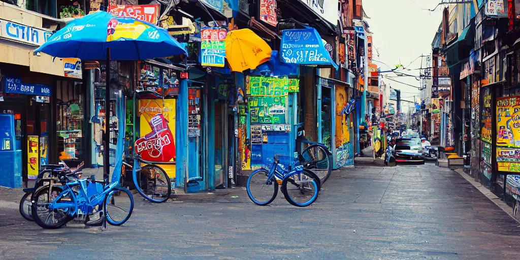 Prompt: City Street, Intersection, Storefront, alleyway, beer advertisement, bicycle in background, blue chairs, blue table, city street lights, clumps of bananas, colored light, colorful umbrella, convenience store, dark blue sky, dingy city street, exiting store, getting groceries, hilly road, korean writing, looking down street, moped, raining, smoking outside, tan suit, wet road, wet street, white shoes, wires hanging above street, wires in background, very high quality photography, dusk, cinematic.