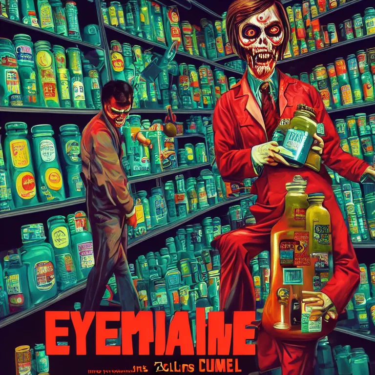 Prompt: hyperdetailed cyber fun 70's poster painting in a color style of 70's black poster art of an a crazy pharmacist zombie holding a giant jar of pills, epic scale ultrawide angle, 3D rendered, Vray rendered, octane render, unreal engine