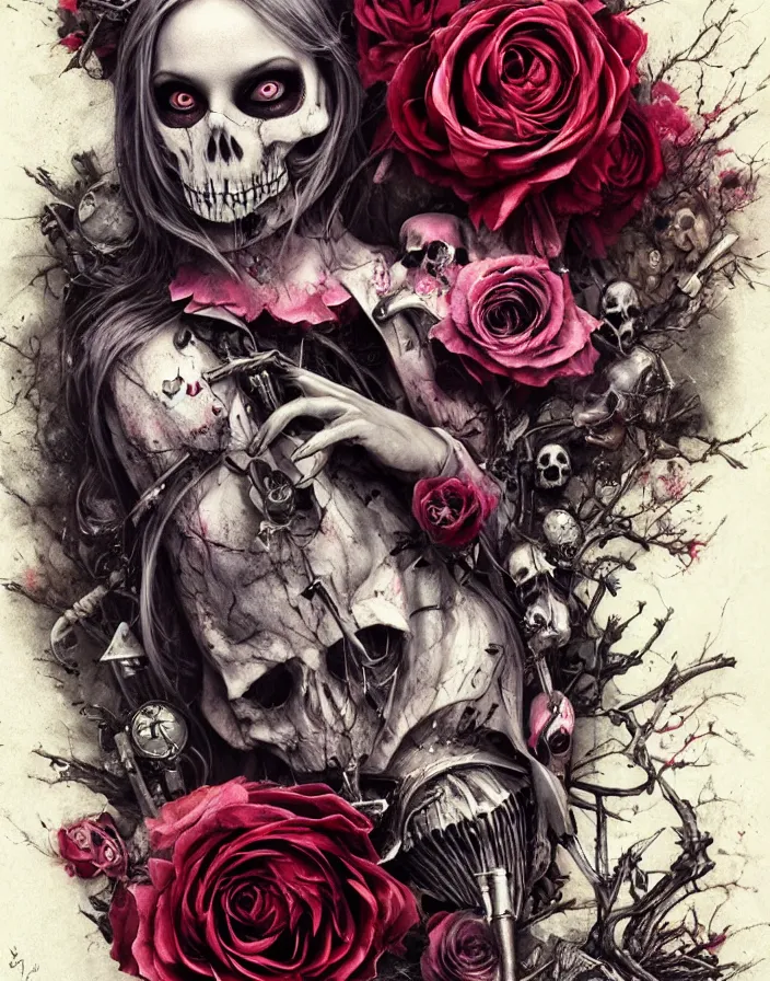 Image similar to Alice in Wonderland,roses, bullets, guns,death tarot card,highly detailed,half skull face,cinematic,8k,by Stanley Artgermm,Tom Bagshaw,Greg Rutkowski,Carne Griffiths, Ayami Kojima, Beksinski, Giger,trending on DeviantArt,hyper detailed,horror, full of colour