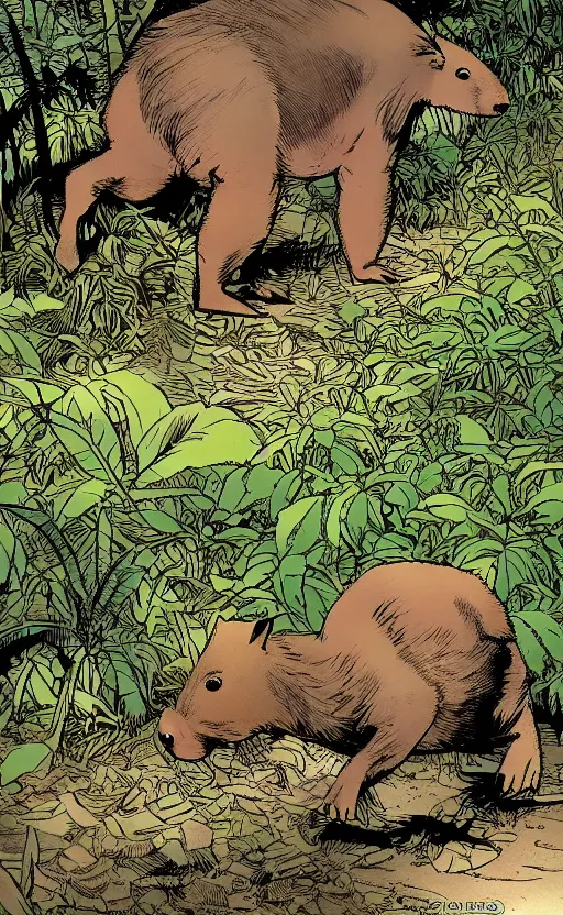 Prompt: a capybara exploring some mayan ruins, comic by david finch and frank miller