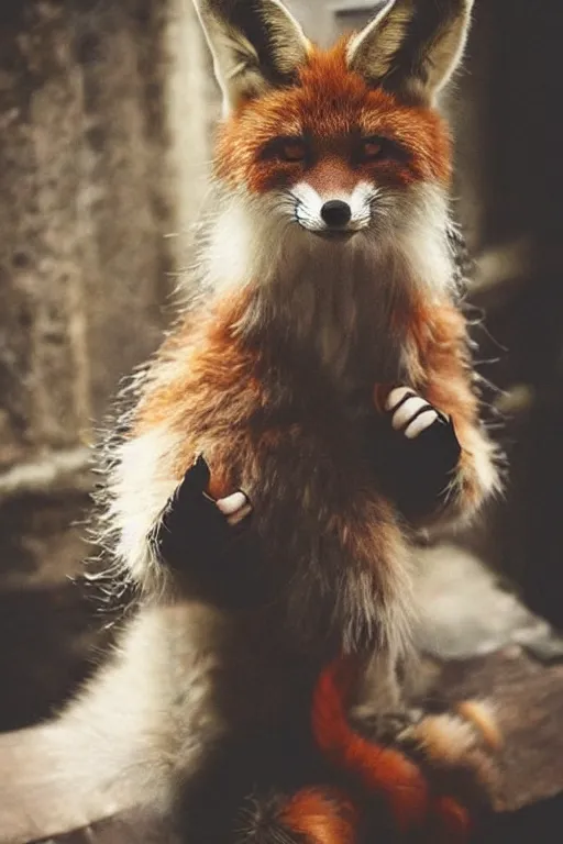 Prompt: anthropomorphic medieval fox with a fluffy tail, fursuit, cosplay, warm light, trending on instagram, photography