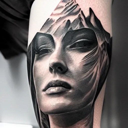 Image similar to realistic tattoo sketch of kate kuray face double exposure effect with a mountain scenery, in the style of matteo pasqualin, amazing detail, sharp