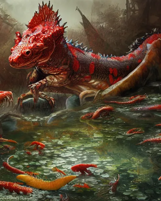 Image similar to game character beautiful giant kaiju sized pond dragon half fish half salamander, wet amphibious skin, red salamander, axolotl creature, koi pond, korean village by Ruan Jia and Gil Elvgren, fullbody