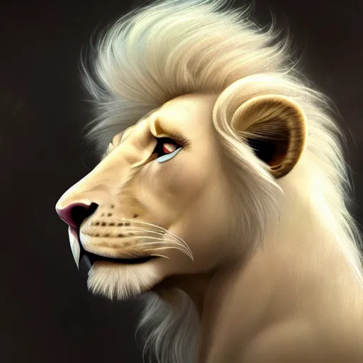 Prompt: a beautfiul aesthetic commission portrait of a anthro albino lion looking at the sky worried,attractive beautiful face,detailes face,expression,natural lighting,fantasy art,deviantart,artstation,character design by charles bowater,ross tran,4k,photorealistic