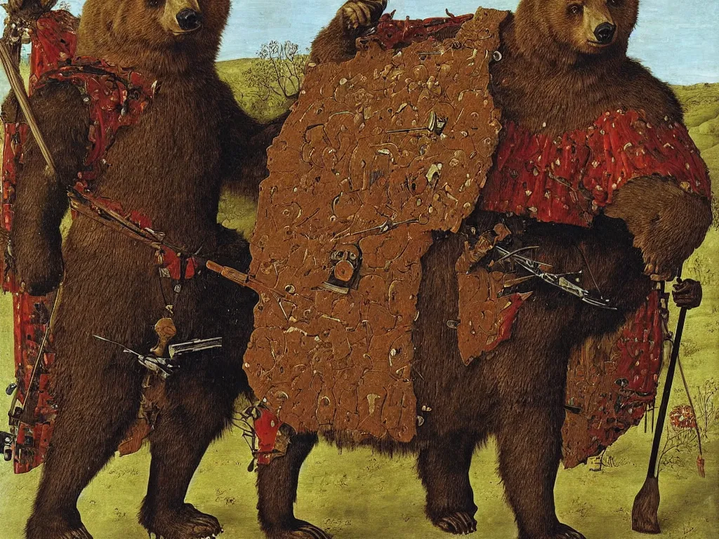 Image similar to siberian bear - hunting armour. painting by jan van eyck