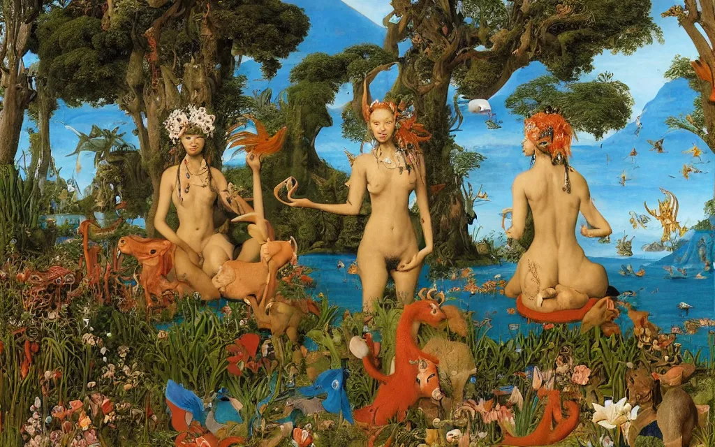 Prompt: a portrait photograph of a meditating mermaid shaman and a centaur monk feeding tropical animals at a wide river delta. surrounded by bulbous flowers, animals and trees. mountain range under a vast blue sky of burning stars. painted by jan van eyck, max ernst, ernst haeckel and artgerm, cgsociety, artstation, fashion editorial