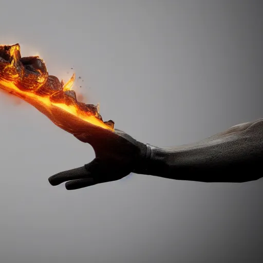 Image similar to prometheus midair with the stolen fire in one hand the other hand streched to prevent a collission. concept art octane render hyperrealistic unreal engine
