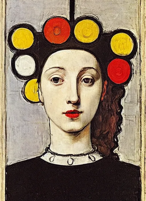 Image similar to portrait of young woman in renaissance dress and renaissance headdress, art by piet mondrian