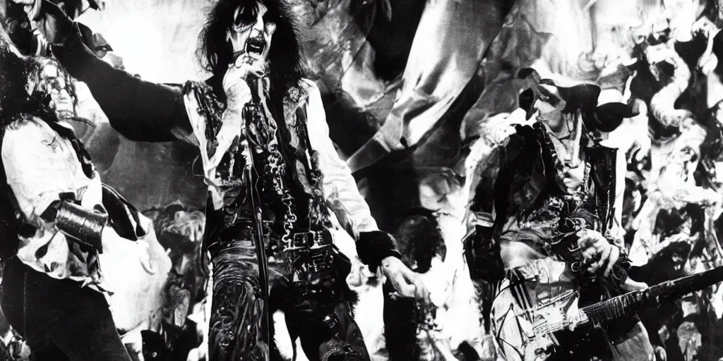 Prompt: Alice cooper on stage by terry Gilliam, detailed, weird, surrealistic,