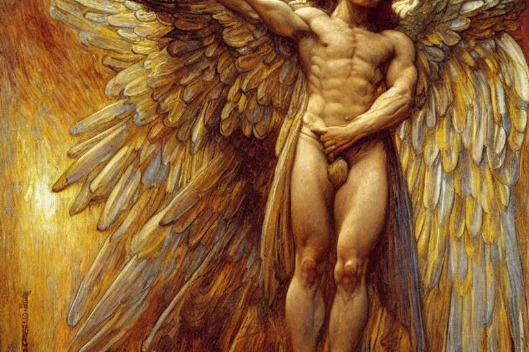Prompt: a painting of archangel michael by gustav moreau, jean delville and  Gaston Bussiere