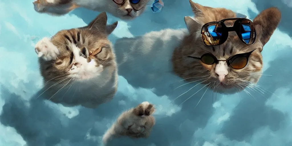 Prompt: Floating cats that look like Elton John over a blue ocean, Darek Zabrocki, Karlkka, Jayison Devadas, Phuoc Quan, trending on Artstation, 8K, ultra wide angle, pincushion lens effect.