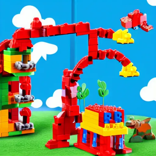 Prompt: duplo dino rollercoaster on fire