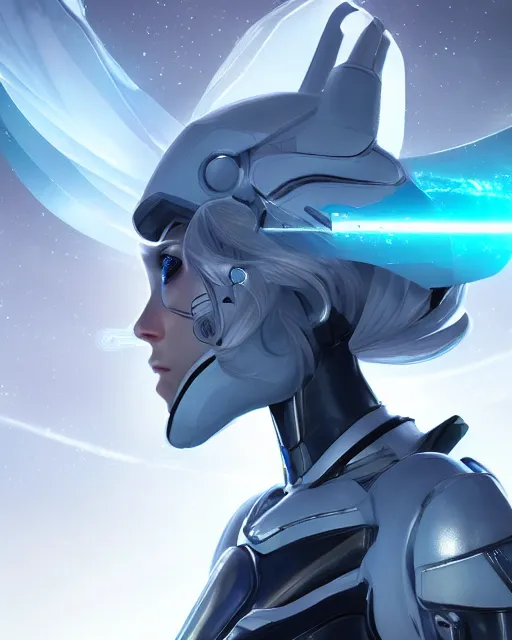 Image similar to perfect android girl on a mothership, warframe armor, beautiful face, scifi, futuristic, galaxy, nebula, raytracing, dreamy, long white hair, blue cyborg eyes, sharp focus, cinematic lighting, highly detailed, artstation, divine, by gauthier leblanc, kazuya takahashi, huifeng huang