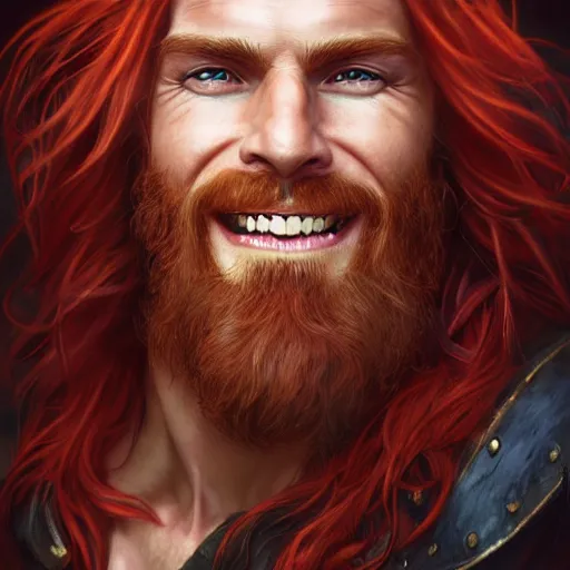 Prompt: portrait of a young ruggedly handsome but joyful pirate, male, masculine, upper body, red crimson hair, long flowing hair, fantasy, wide grin, intricate, elegant, highly detailed, digital painting, artstation, concept art, matte, sharp focus, illustration, art by artgerm and greg rutkowski and alphonse mucha