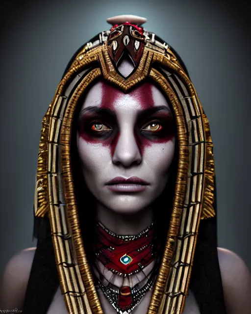 Image similar to beautiful headshot of the aztec vampire priestess, realistic render, unreal engine, cgsociety, trending on deviantart, cinematic lighting, highly detailed