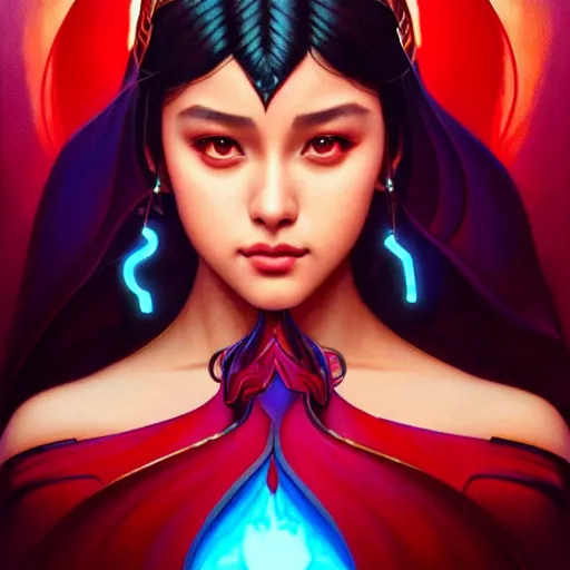 Image similar to liza soberano as darna, volumetric lights, red and cyan theme, art nouveau botanicals, intricate, highly detailed, digital painting, artstation, concept art, smooth, sharp focus, cinematic, illustration, beautiful face, art by artgerm and greg rutkowski and alphonse mucha