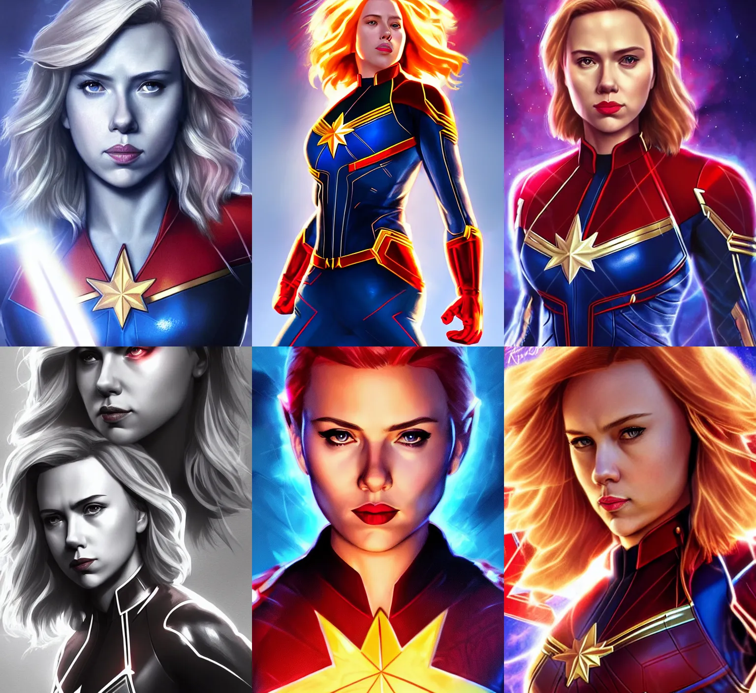 Prompt: medium shot of Scarlett Johansson as Captain Marvel, dramatic backlighting, digital art, concept art, trending on artstation, art by Artgerm