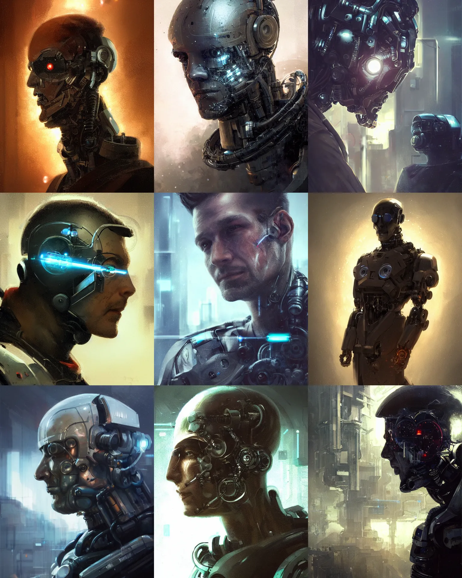 Prompt: a mechanical laboratory operator man with cybernetic enhancements seen from a distance, scifi character portrait by greg rutkowski, craig mullins, 1 / 4 headshot, cinematic lighting, dystopian scifi gear, profile picture, mechanical, cyborg, half robot