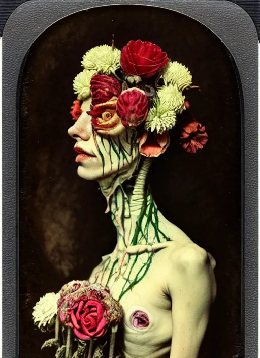 Image similar to beautiful and detailed rotten woman made of plants and many types of stylized flowers like carnation, chrysanthemum, roses and tulips, intricate, surreal, john constable, guy denning, gustave courbet, caravaggio, romero ressendi 1 9 1 0 polaroid photo