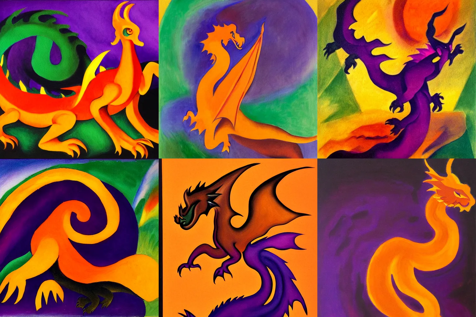 Prompt: a full body oil painting of an brown orange dragon by ( ( franz marc ) ), purple background gradient