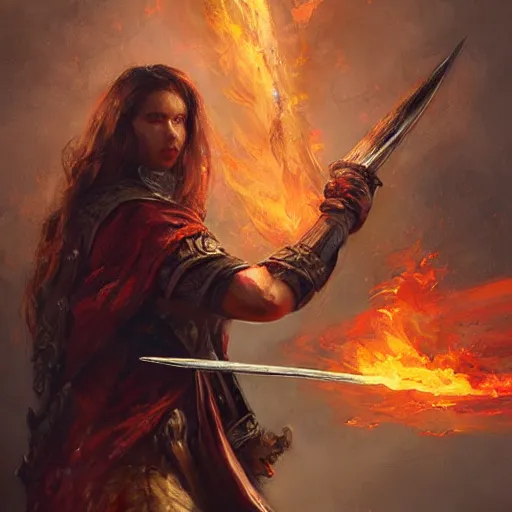 Prompt: a flaming sword, painting by wlop