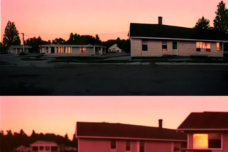 Prompt: a detailed cinematic render of a utopian 1 9 5 0 s american suburbs at sunset by steven outram, photoreal, 4 k, photography by todd hido