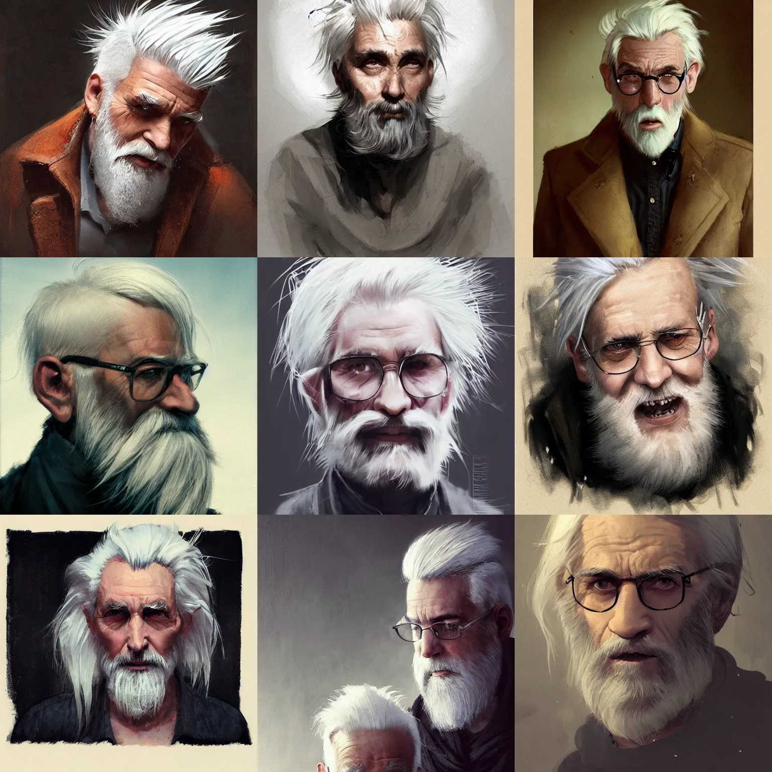 Prompt: old weird man with white hair and beard and bangs, pony hair cut, greg rutkowski