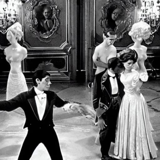 Prompt: ballroom scene from the leopard by luchino visconti with alain delon and claudia cardinale and an extraterrestrial!!!! set in the 1 9 th century in an italian villa. technicolor!!!!, highly intricate, 5 0 mm