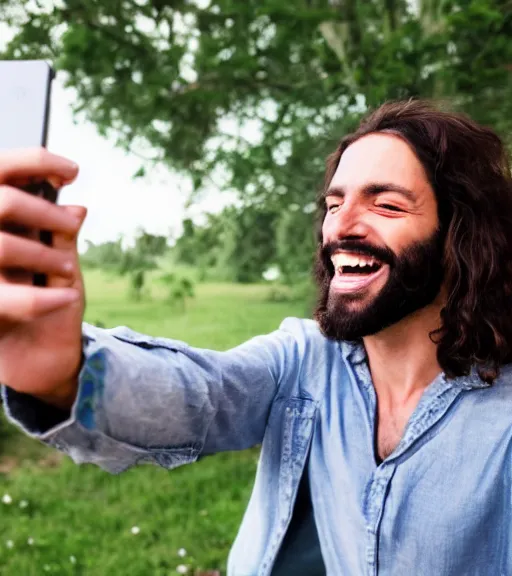 Image similar to Jesus taking a selfie. He is laughing. Professional photo