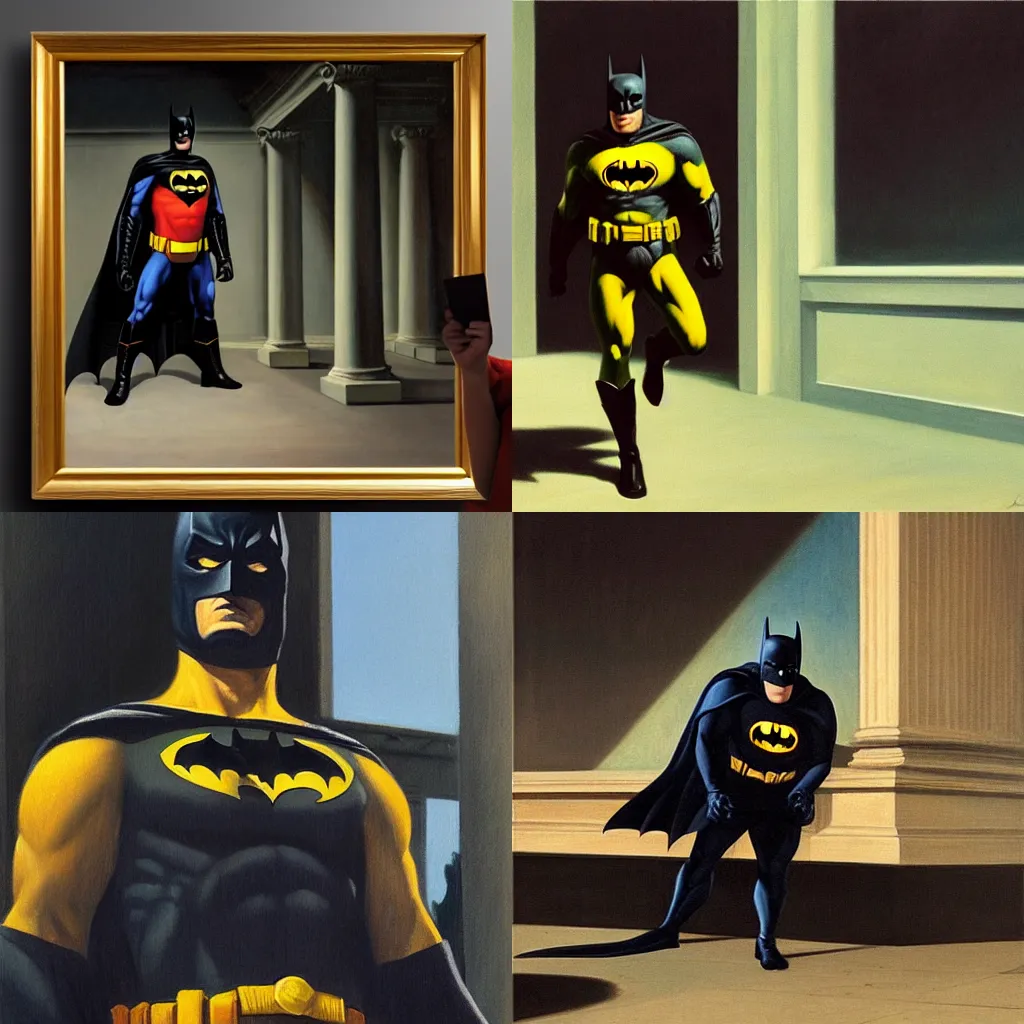 Prompt: A neoclassical painting of Batman by Edward Hopper, oil on canvas, detailed, realistic, HDR, HD, 4k, 8k, matte painting, concept art, full body portrait, classical painting,