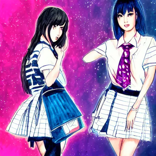 Image similar to a perfect, realistic professional digital sketch of two synthwave Japanese schoolgirls posing, in style of Marvel, full length, by pen and watercolor, by a professional American senior artist on ArtStation, a high-quality hollywood-style sketch, on high-quality paper