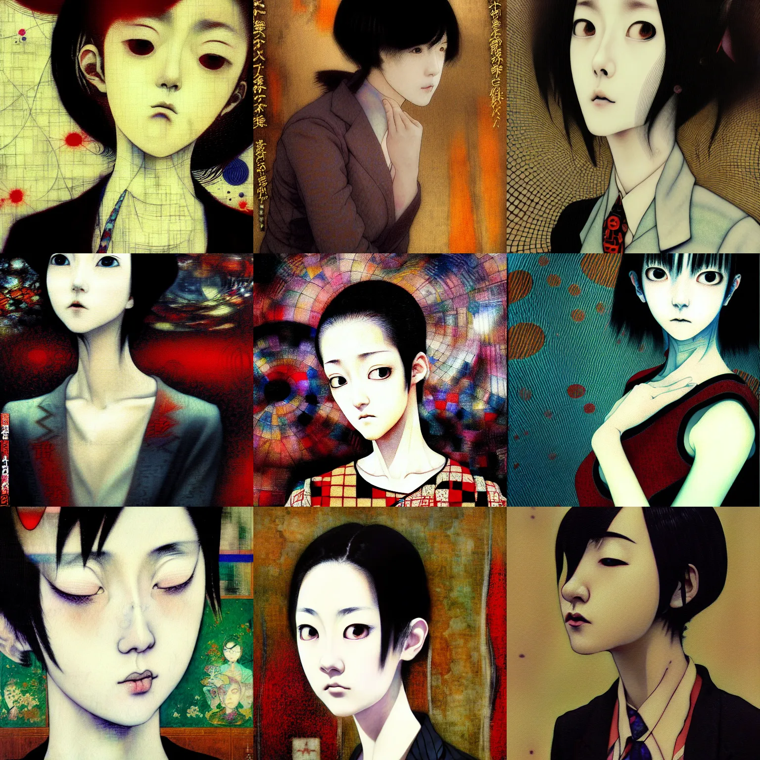 Prompt: yoshitaka amano blurred and dreamy realistic portrait of a young woman with short hair and black eyes wearing dress suit with tie, junji ito abstract patterns in the background, satoshi kon anime, noisy film grain effect, highly detailed, renaissance oil painting, weird portrait angle, blurred lost edges