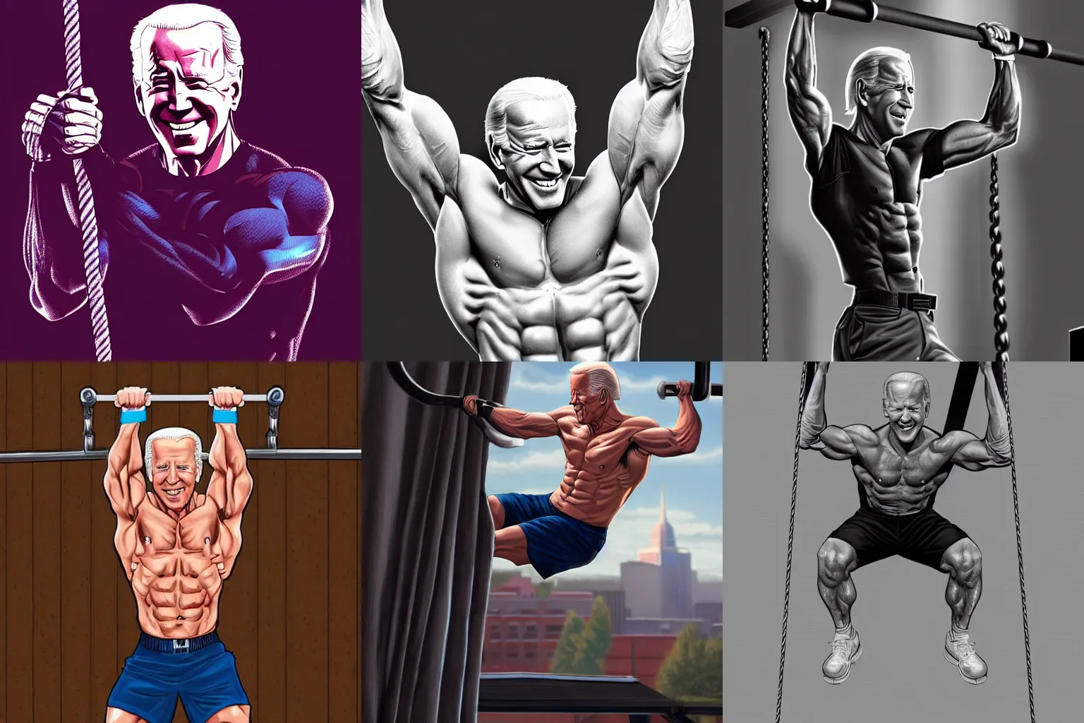 Prompt: Joe Biden doing pullups, epic, 4k resolution, extremely detailed, very sharp, artstation, digital art, vibrant