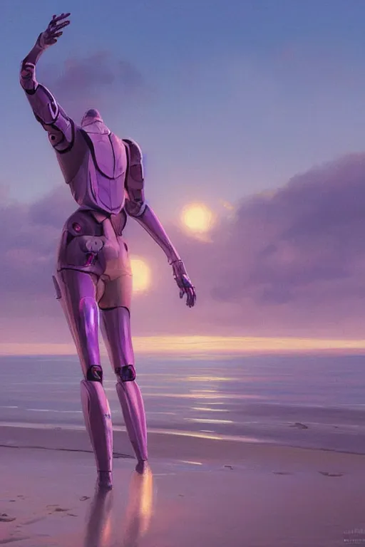 Image similar to vladimir putin robotic clothes in the beach purple sun, pink lighting ultra realistic photorealistic highly detailed high quality, a stunningly, digital painting, artstation, concept art, smooth, sharp focus, illustration, art by artgerm and greg rutkowski and alphonse mucha 8 k