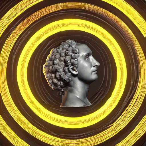 Prompt: a 3 d neon circle surrounding the head of a renaissance statue, black background, ray tracing, 8 k resolution, sharp focus, hyper detailed, hyper realistic