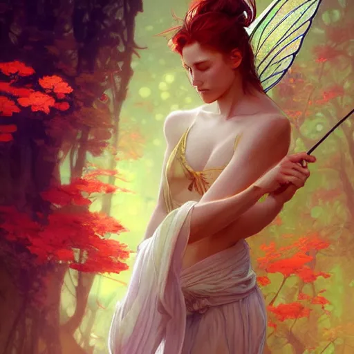 Image similar to beautiful natural fairy small winged redhead martial artist karate fey, vivid colors, intricate, elegant, highly detailed, digital painting, artstation, concept art, smooth, sharp focus, illustration, art by artgerm and greg rutkowski and alphonse mucha and loish and wlop