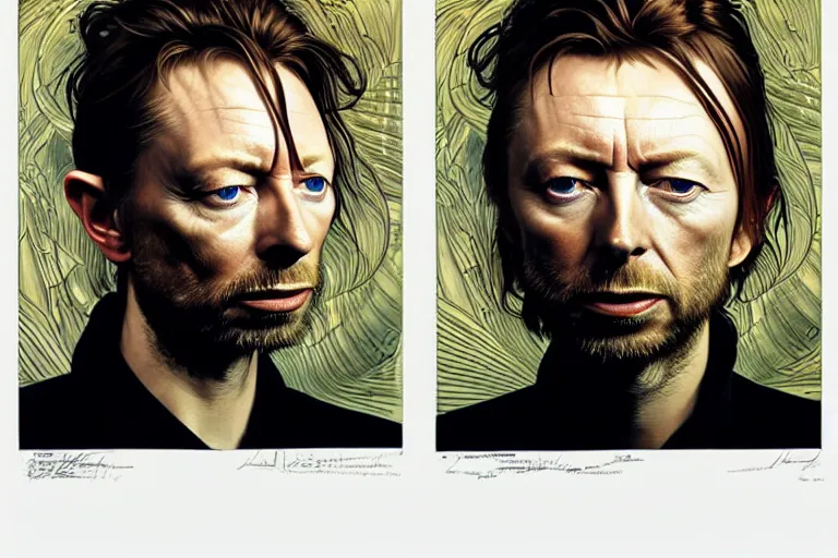 Image similar to hyper realistic portrait of thom yorke mixed with david bowie, bigger forehead, bigger chin, from the side, by lee bermejo, alphonse mucha and greg rutkowski