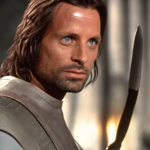 Prompt: A still of Aragorn as Captain Kirk on Star Trek