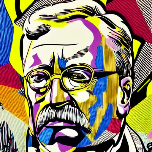 Image similar to Wall mural portrait of Teddy Roosevelt, urban art, pop art, artgerm, by Roy Lichtenstein