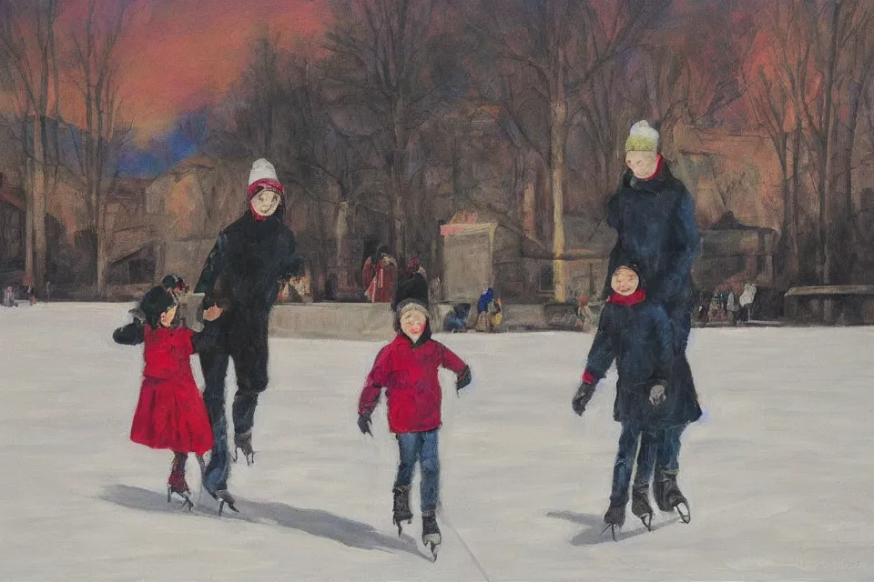 Prompt: “ice skating child and parent, surreal painting, wide angle”