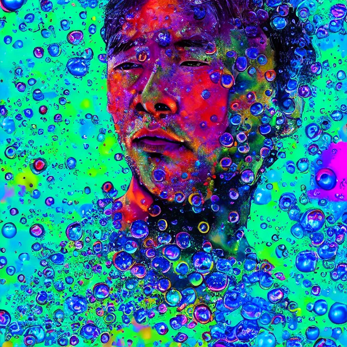 Image similar to illustration of a colorful melting human head of asian boy. acrylic bubbles and flowers, ferrofluids, water distortions. intricate abstract. intricate artwork. colortheme by beeple