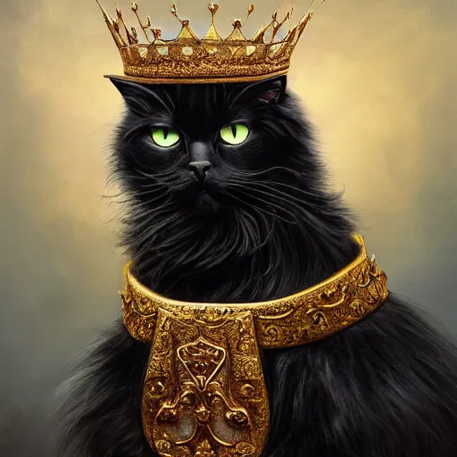 Prompt: an oil painting portrait of a long haired fluffy black Cat wearing medieval royal robe and an ornate crown on a dark space background digital Art, concept Art, highly detailed, 3-D 4K, trending on art station, Mark Brooks,