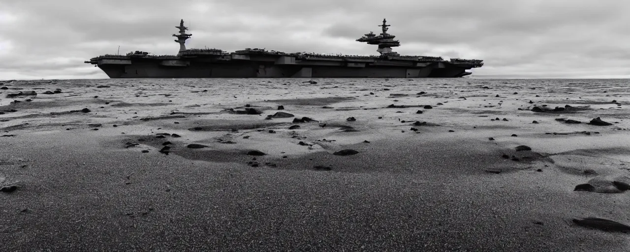 Image similar to low angle cinematic shot of abandoned aircraft carrier submerged in the middle of an endless black sand beach in iceland, rivers