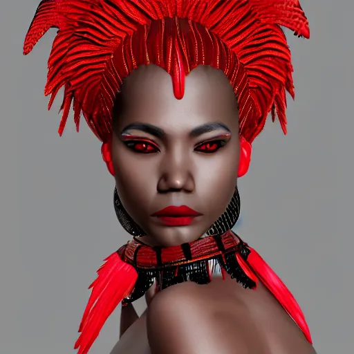 Image similar to african woman with red tribal clothes and black wings, ultra detailed, 8 k, trending on artstation, award - winning art,